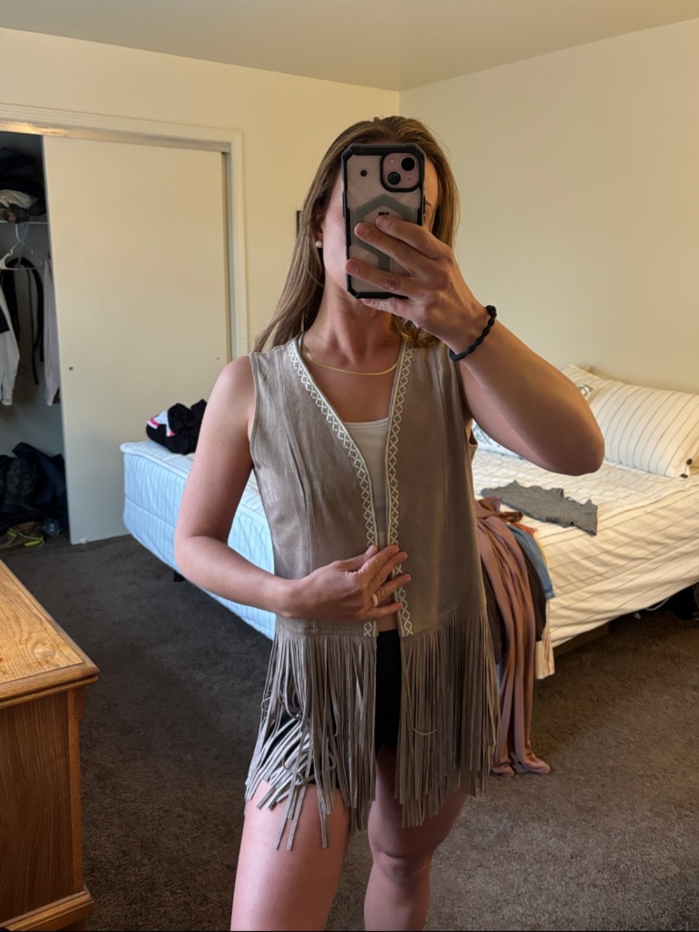 Solitaire Taupe Fringe Suede Vest with White Embroidered Trim SUPER SOFT